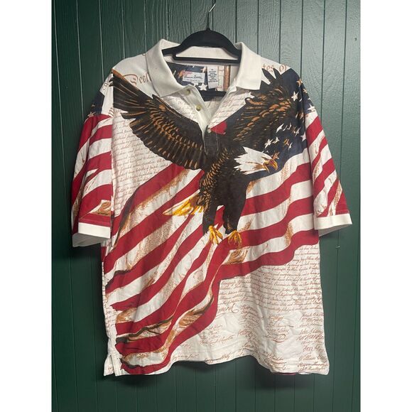 American Summer Patriotic Polo Shirt XL– Bald Eagle & USA Flag Cotton Golf Shirt - Picture 2 of 9